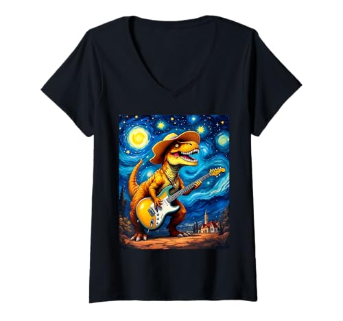 Damen Van Gogh Style T-Rex spielt E-Gitarre Kunst T-Shirt mit V-Ausschnitt Damen Van Gogh Style T-Rex spielt E-Gitarre Kunst T-Shirt mit V-Ausschnitt von Funny Van Gogh Inspired T-Rex Graphic