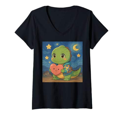 Damen Verspielter T-Rex mit Herz Van Gogh Sternennacht T-Shirt mit V-Ausschnitt Damen Verspielter T-Rex mit Herz Van Gogh Sternennacht T-Shirt mit V-Ausschnitt von Funny Van Gogh Inspired T-Rex Graphic