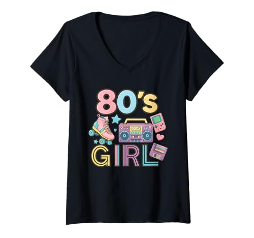 Damen Vintage 80er Jahre Mädchen Old School Memory Throwback 80er Jahre Vibe T-Shirt mit V-Ausschnitt Damen Vintage 80er Jahre Mädchen Old School Memory Throwback 80er Jahre Vibe T-Shirt mit V-Ausschnitt von Funny Van Gogh Inspired T-Rex Graphic