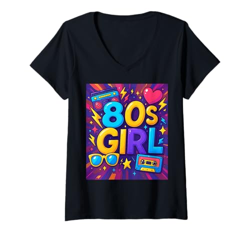 Damen Vintage Vibes 80er Jahre Mädchen Fun Times Throwback 80's Memories T-Shirt mit V-Ausschnitt Damen Vintage Vibes 80er Jahre Mädchen Fun Times Throwback 80's Memories T-Shirt mit V-Ausschnitt von Funny Van Gogh Inspired T-Rex Graphic