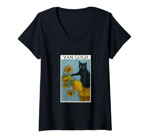 Damen Van Gogh Schwarze Katze mit Sonnenblumen Lustige Katze T-Shirt mit V-Ausschnitt Damen Van Gogh Schwarze Katze mit Sonnenblumen Lustige Katze T-Shirt mit V-Ausschnitt von Funny Van Gone Cat Flower