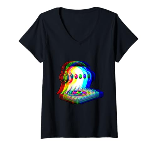 Damen House-Musik Ghost DJ Optische Täuschung EDM Halloween Rave T-Shirt mit V-Ausschnitt Damen House-Musik Ghost DJ Optische Täuschung EDM Halloween Rave T-Shirt mit V-Ausschnitt von Funny Vaporwave Halloween Music EDM Ghost Costumes
