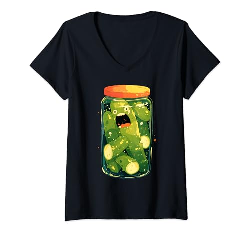 Damen Lustige Gurkenüberraschung Eine Gurke und ein Glas mit geschnittenen Gurken T-Shirt mit V-Ausschnitt Damen Lustige Gurkenüberraschung Eine Gurke und ein Glas mit geschnittenen Gurken T-Shirt mit V-Ausschnitt von Funny Vegan Chef Vegetarian Pickle Surprise