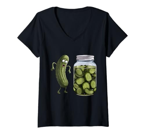 Damen Lustige Gurkenüberraschung Eine Gurke und ein Glas mit geschnittenen Gurken T-Shirt mit V-Ausschnitt Damen Lustige Gurkenüberraschung Eine Gurke und ein Glas mit geschnittenen Gurken T-Shirt mit V-Ausschnitt von Funny Vegan Pickle Lovers Pickle Surprise