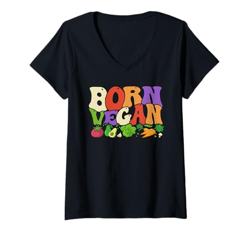 Damen Veganer geboren T-Shirt mit V-Ausschnitt von Funny Vegan Vegetables Vegetarian Plant Powered