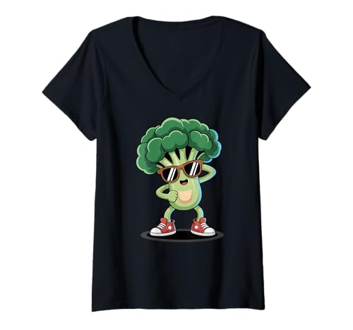 Damen Tanzender Brokkoli-Cartoon T-Shirt mit V-Ausschnitt Damen Tanzender Brokkoli-Cartoon T-Shirt mit V-Ausschnitt von Funny Veggie Cartoon Dancing Broccoli Humor