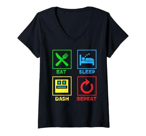 Damen Eat Sleep Dash Repeat Videospiel Geometrie Video Gamer T-Shirt mit V-Ausschnitt Damen Eat Sleep Dash Repeat Videospiel Geometrie Video Gamer T-Shirt mit V-Ausschnitt von Funny Video Game Eat Sleep Dash Repeat