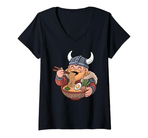 Damen Süße Wikinger Essen Ramen Japanische Kawaii Krieger Nudeln T-Shirt mit V-Ausschnitt Damen Süße Wikinger Essen Ramen Japanische Kawaii Krieger Nudeln T-Shirt mit V-Ausschnitt von Funny Viking Ramen Lover Apparel