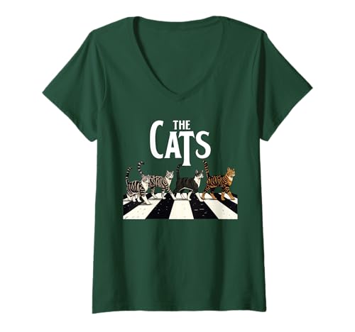 Damen Lustige Retro-Katzen überqueren Straße, Musikliebhaber, Katze, Vintage-Kunst T-Shirt mit V-Ausschnitt von Funny Vintage Cat Apparel Retro Music Lover Shirts