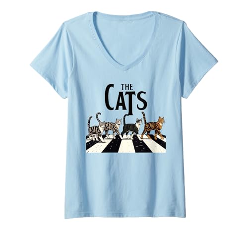 Damen Lustige Retro-Katzen überqueren Straße, Musikliebhaber, Katze, Vintage-Kunst T-Shirt mit V-Ausschnitt von Funny Vintage Cat Apparel Retro Music Lover Shirts