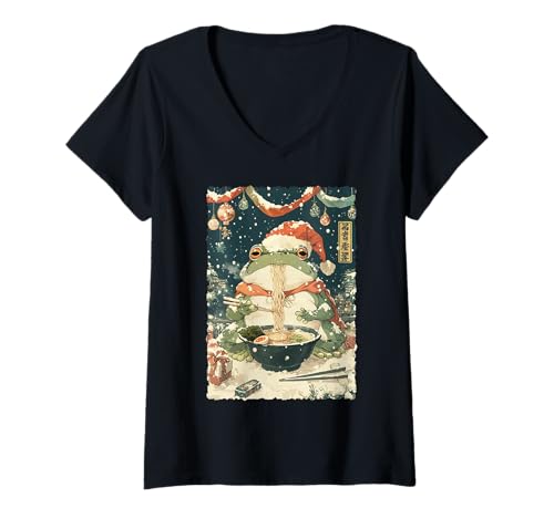 Damen Weihnachten Anime Manga Otaku Frosch in Weihnachtsmütze isst Ramen T-Shirt mit V-Ausschnitt von Funny Vintage Christmas Japanese Ukiyo-e Ramen
