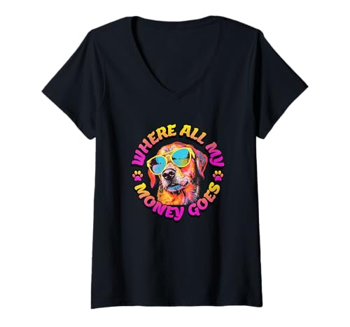 Damen Wo Mein ganzes Geld hingeht Golden Retriever Beach Retro T-Shirt mit V-Ausschnitt von Funny Vintage Summer Golden Retriever Mom & Dad