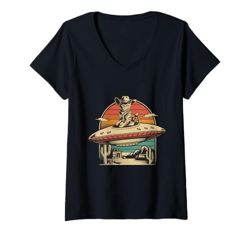Damen Retro 80er Jahre Western Vintage UFO Cowboy Katze Wild West Kätzchen T-Shirt mit V-Ausschnitt Damen Retro 80er Jahre Western Vintage UFO Cowboy Katze Wild West Kätzchen T-Shirt mit V-Ausschnitt von Funny Vintage UFO Cowboy Kitty Wild West Cat Shirt