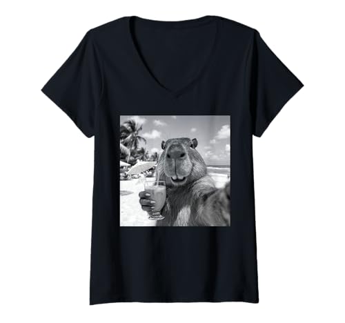 Damen Capy Capybara on Vacation Lustiges Selfie Meme Humor Witz T-Shirt mit V-Ausschnitt Damen Capy Capybara on Vacation Lustiges Selfie Meme Humor Witz T-Shirt mit V-Ausschnitt von Funny Viral Trend Meme Humor Joke Tees & Gifts