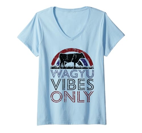 Damen Cow Vibes Only - Kuhzüchter Wagyu Rinderbauer T-Shirt mit V-Ausschnitt von Funny Wagyu Gift for Men & Women