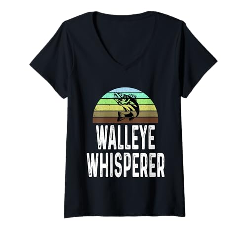 Damen Lustiger Zandflüsterer Angeln Fischer See Sonnenuntergang Fisch T-Shirt mit V-Ausschnitt Damen Lustiger Zandflüsterer Angeln Fischer See Sonnenuntergang Fisch T-Shirt mit V-Ausschnitt von Funny Walleye Fishing Gifts