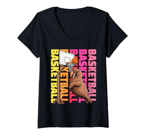 Damen Walrus Basketball Sport Tierliebhaber T-Shirt mit V-Ausschnitt Damen Walrus Basketball Sport Tierliebhaber T-Shirt mit V-Ausschnitt von Funny Walrus Basketball Player Animal Designs