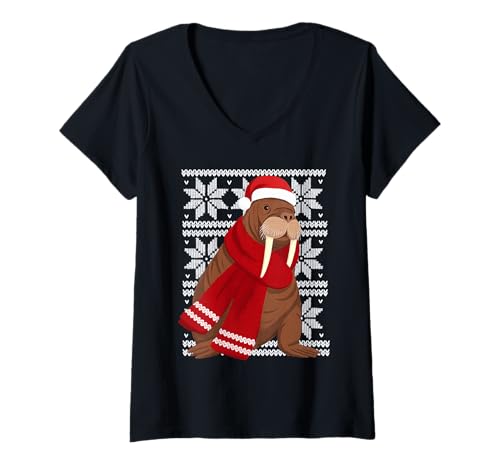 Damen Walross Ugly Christmas Holiday Animal Lover T-Shirt mit V-Ausschnitt Damen Walross Ugly Christmas Holiday Animal Lover T-Shirt mit V-Ausschnitt von Funny Walrus Festive Animal Designs