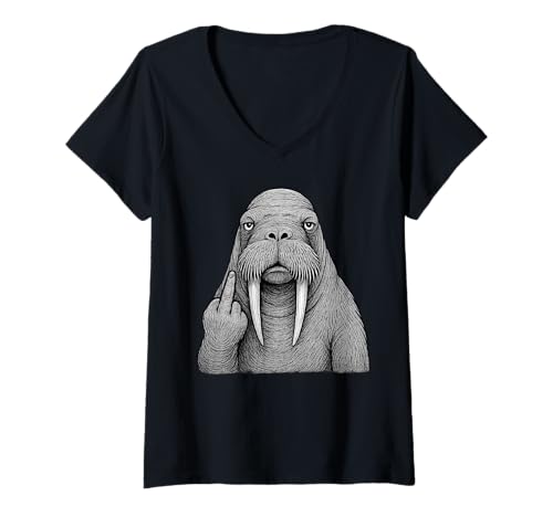 Damen Walross Mittelfinger sarkastischer Tierliebhaber T-Shirt mit V-Ausschnitt Damen Walross Mittelfinger sarkastischer Tierliebhaber T-Shirt mit V-Ausschnitt von Funny Walrus Flipping Off Animal Designs