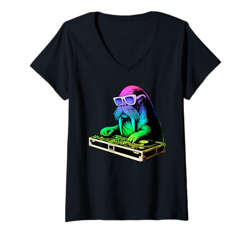 Damen Walrus DJ Musik Party Tierliebhaber T-Shirt mit V-Ausschnitt Damen Walrus DJ Musik Party Tierliebhaber T-Shirt mit V-Ausschnitt von Funny Walrus House Music Animal Designs