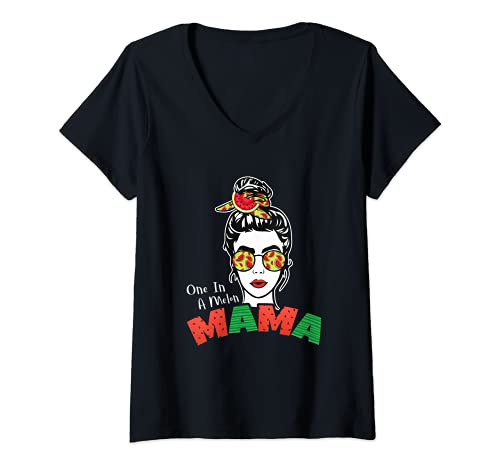 Damen One In A Melon Mama Messy Bun Wassermelone T-Shirt mit V-Ausschnitt Damen One In A Melon Mama Messy Bun Wassermelone T-Shirt mit V-Ausschnitt von Funny Watermelon Mom Saying - DressedForDuty