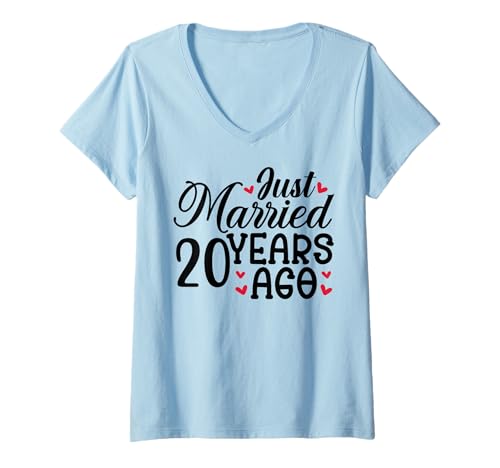 Damen Gerade vor 20 Jahren verheiratet, passender 20. Hochzeitstag T-Shirt mit V-Ausschnitt von Funny Wedding Anniversary Apparel For Party