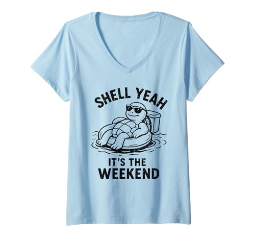 Damen Shell Yeah It's The Weekend Funny Turtle Pool Float T-Shirt mit V-Ausschnitt Damen Shell Yeah It's The Weekend Funny Turtle Pool Float T-Shirt mit V-Ausschnitt von Funny Weekend Humor by TheMaesthetics