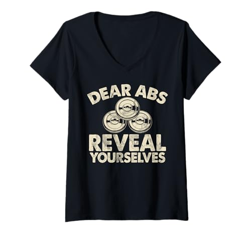 Damen Dear Abs Reveal Yourself Powerlifting Hantel Muscle Gym T-Shirt mit V-Ausschnitt Damen Dear Abs Reveal Yourself Powerlifting Hantel Muscle Gym T-Shirt mit V-Ausschnitt von Funny Weightlifting Gym Quote Gifts Men Women