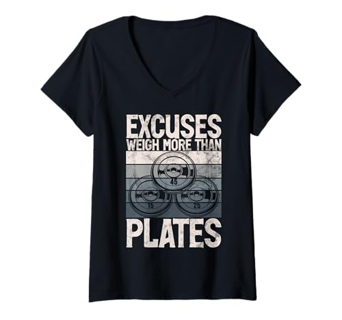 Damen Excuses Weigh More Than Plates Weight Lifting Hantel T-Shirt mit V-Ausschnitt Damen Excuses Weigh More Than Plates Weight Lifting Hantel T-Shirt mit V-Ausschnitt von Funny Weightlifting Gym Quote Gifts Men Women
