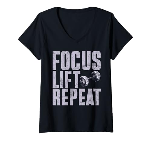 Damen Focus Lift Repeat Gewichtheben Training Workout Muskel Gym T-Shirt mit V-Ausschnitt Damen Focus Lift Repeat Gewichtheben Training Workout Muskel Gym T-Shirt mit V-Ausschnitt von Funny Weightlifting Gym Quote Gifts Men Women