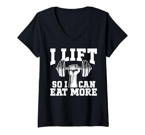 Damen Ich hebe, damit ich mehr Essen kann, Training, Fitness-Fitness-Liebhaber T-Shirt mit V-Ausschnitt Damen Ich hebe, damit ich mehr Essen kann, Training, Fitness-Fitness-Liebhaber T-Shirt mit V-Ausschnitt von Funny Weightlifting Gym Quote Gifts Men Women