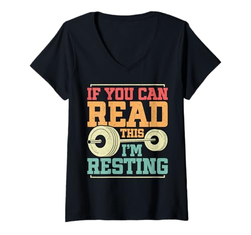 Damen If You Can Read This I'm Resting Retro Hantel Training Gym T-Shirt mit V-Ausschnitt von Funny Weightlifting Gym Quote Gifts Men Women