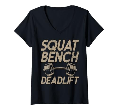 Damen Kniebeugenbank Kreuzheben Powerlifting Gewichte Gym Fitness Muskel T-Shirt mit V-Ausschnitt Damen Kniebeugenbank Kreuzheben Powerlifting Gewichte Gym Fitness Muskel T-Shirt mit V-Ausschnitt von Funny Weightlifting Gym Quote Gifts Men Women