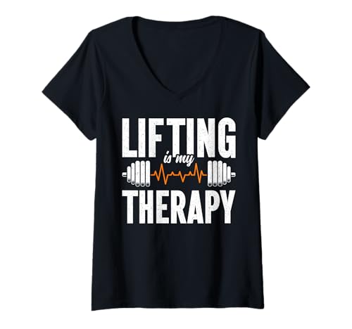 Damen Lifting is My Therapy Gewichtheben Hantel Muskel Gym T-Shirt mit V-Ausschnitt von Funny Weightlifting Gym Quote Gifts Men Women