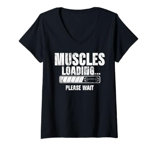 Damen Muskelbelastung Bitte warten Sie Bankdrücken Hantel Gewichte Fitnessstudio T-Shirt mit V-Ausschnitt von Funny Weightlifting Gym Quote Gifts Men Women