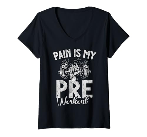 Damen Pain is My Pre Workout Training Workout Fitness Gewichtheben T-Shirt mit V-Ausschnitt von Funny Weightlifting Gym Quote Gifts Men Women