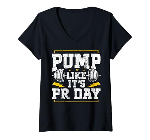 Damen Pump Like It's PR Day Gewichtheben Gewichtheben Sport Training T-Shirt mit V-Ausschnitt Damen Pump Like It's PR Day Gewichtheben Gewichtheben Sport Training T-Shirt mit V-Ausschnitt von Funny Weightlifting Gym Quote Gifts Men Women