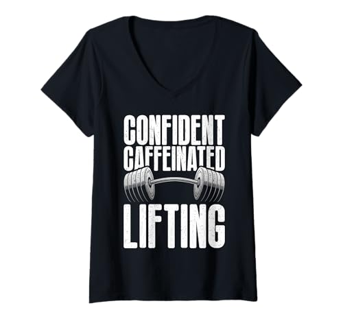 Damen Selbstbewusstes koffeinhaltiges Heben Gewichtheben Fitness Gym T-Shirt mit V-Ausschnitt von Funny Weightlifting Gym Quote Gifts Men Women