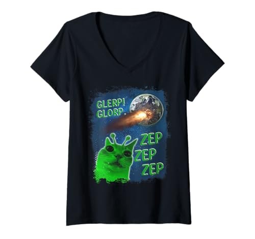 Damen Glerp Glorp Lustige Alien-Katze T-Shirt mit V-Ausschnitt Damen Glerp Glorp Lustige Alien-Katze T-Shirt mit V-Ausschnitt von Funny Weird Cat Meme Tee Shirt