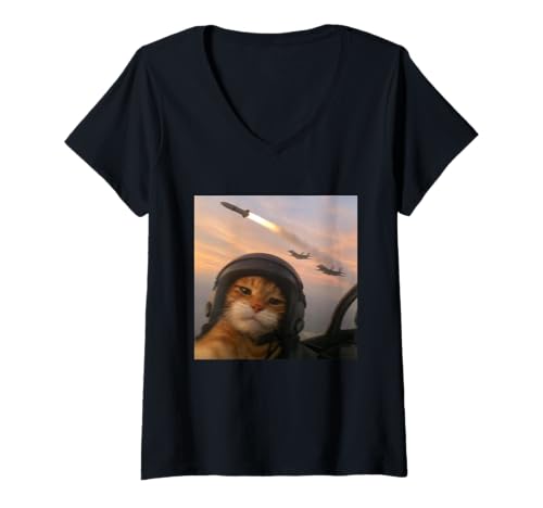 Damen Selfie Squad Cat Lustiges Kampfpiloten-Meme Kitty Gen Z Humor T-Shirt mit V-Ausschnitt Damen Selfie Squad Cat Lustiges Kampfpiloten-Meme Kitty Gen Z Humor T-Shirt mit V-Ausschnitt von Funny Weird Cat Meme Tee Shirt