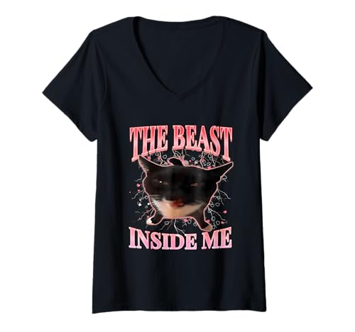 Damen Lustige Katzen Humor The Beast Inside Me Cute Silly Cat Meme T-Shirt mit V-Ausschnitt Damen Lustige Katzen Humor The Beast Inside Me Cute Silly Cat Meme T-Shirt mit V-Ausschnitt von Funny Weird Cat Meme Tee