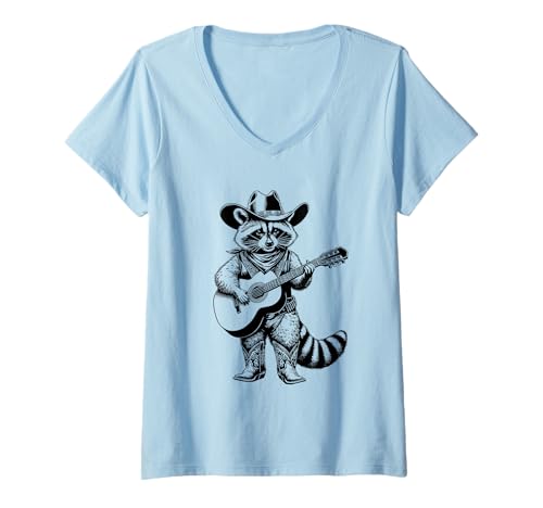 Damen Rustikale Waschbär Cowboy Gitarre Musiker Countrymusik T-Shirt mit V-Ausschnitt Damen Rustikale Waschbär Cowboy Gitarre Musiker Countrymusik T-Shirt mit V-Ausschnitt von Funny Western Animal Music Gifts