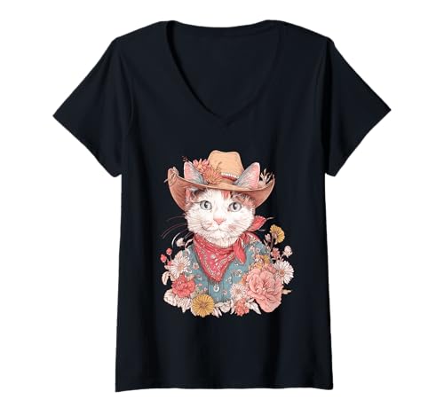 Damen Katze Cowboy Vintage Western Country Cowgirl Lustige Katze T-Shirt mit V-Ausschnitt Damen Katze Cowboy Vintage Western Country Cowgirl Lustige Katze T-Shirt mit V-Ausschnitt von Funny Western Country Cowboy Cat Graphic