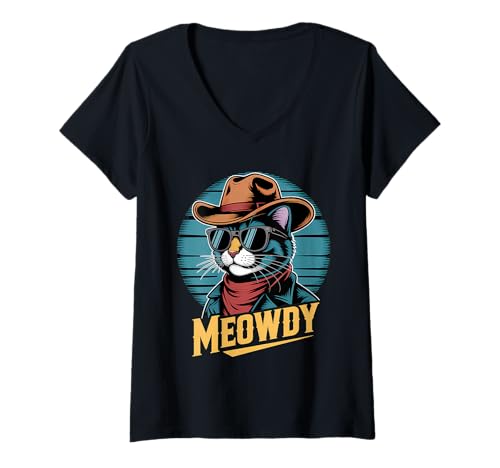 Damen Meowdy Cat Cowboykatze im Vintage-Country-Western-Stil, lustige Katze T-Shirt mit V-Ausschnitt Damen Meowdy Cat Cowboykatze im Vintage-Country-Western-Stil, lustige Katze T-Shirt mit V-Ausschnitt von Funny Western Country Cowboy Cat Graphic