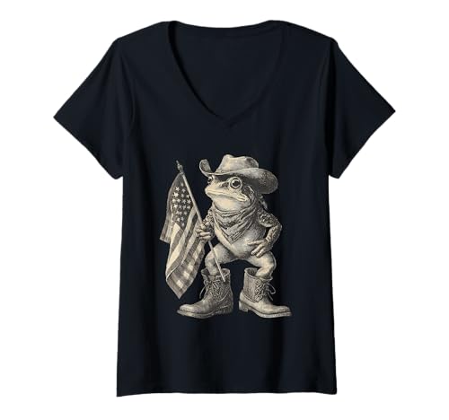 Damen Country Cowboy Frosch Vintage Kröte Rodeo Cowgirl Western T-Shirt mit V-Ausschnitt Damen Country Cowboy Frosch Vintage Kröte Rodeo Cowgirl Western T-Shirt mit V-Ausschnitt von Funny Western Country Cowboy Frog Animal