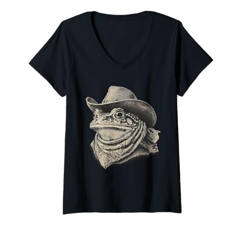 Damen Country Cowboy Frosch Vintage Kröte Rodeo Cowgirl Western T-Shirt mit V-Ausschnitt Damen Country Cowboy Frosch Vintage Kröte Rodeo Cowgirl Western T-Shirt mit V-Ausschnitt von Funny Western Country Cowboy Frog Animal