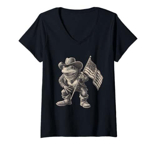 Damen Country Cowboy Frosch Vintage Kröte Rodeo Cowgirl Western T-Shirt mit V-Ausschnitt von Funny Western Country Cowboy Frog Animal