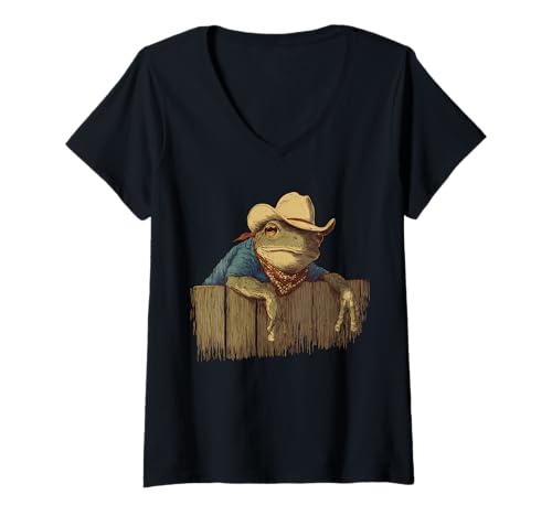 Damen Country Cowboy Frosch Vintage Kröte Rodeo Cowgirl Western T-Shirt mit V-Ausschnitt von Funny Western Country Cowboy Frog Animal