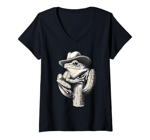 Damen Country Cowboy Frosch Vintage Kröte Rodeo Cowgirl Western T-Shirt mit V-Ausschnitt Damen Country Cowboy Frosch Vintage Kröte Rodeo Cowgirl Western T-Shirt mit V-Ausschnitt von Funny Western Country Cowboy Frog Animal