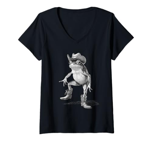 Damen Country Cowboy Frosch Vintage Kröte Rodeo Cowgirl Western T-Shirt mit V-Ausschnitt von Funny Western Country Cowboy Frog Animal